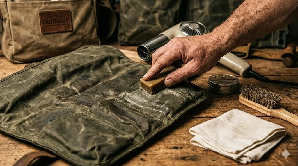 OutBakka waterproof camping gear maintenance with wax and tools.