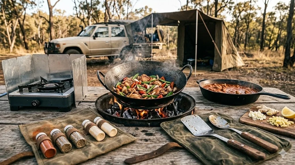 OutBakka outdoor gear setup with waterproof camping gear and cooking equipment.